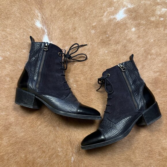 Hispanitas Black Leather Suede Lace Up Ankle Combat Boots Side Zip - Picture 1 of 10